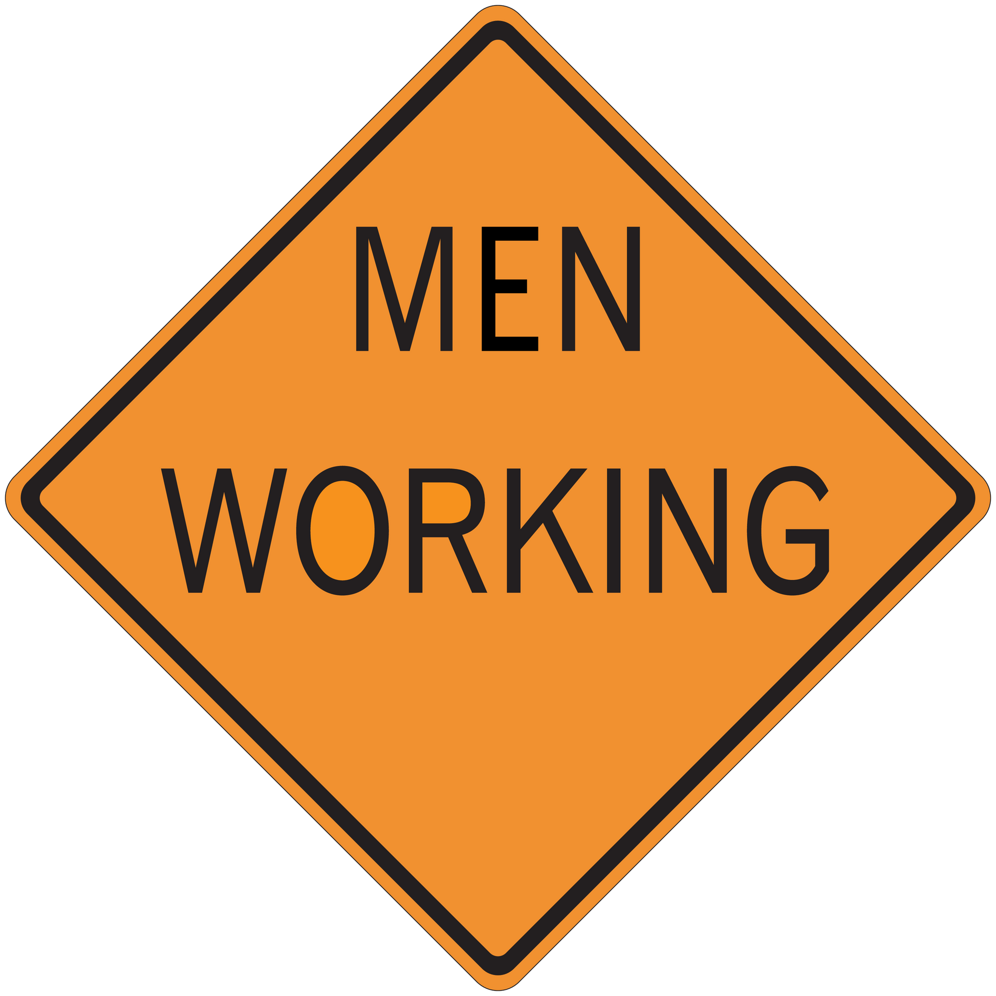 Orange road sign sticker, diamond shape with black border and text 'MEN WORKING'.