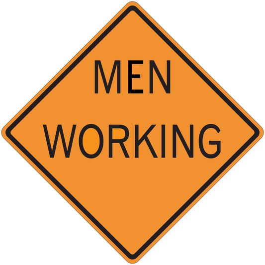 Orange road sign sticker, diamond shape with black border and text 'MEN WORKING'.