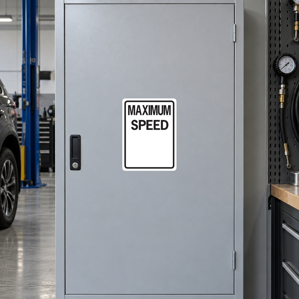 Road Sign Sticker applied in A vehicle testing garage, single smooth light grey cabinet door, tire gauge tool rack extreme right