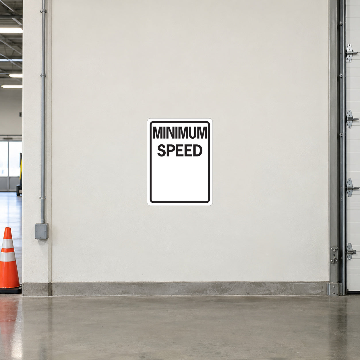 Minimum speed road sign sticker, white with black text