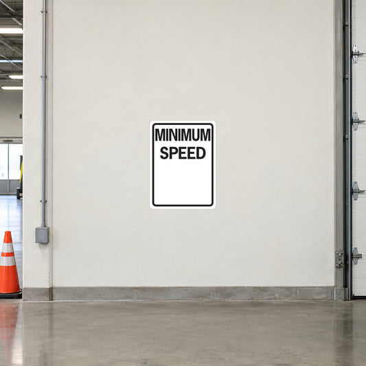 Minimum speed road sign sticker, white with black text