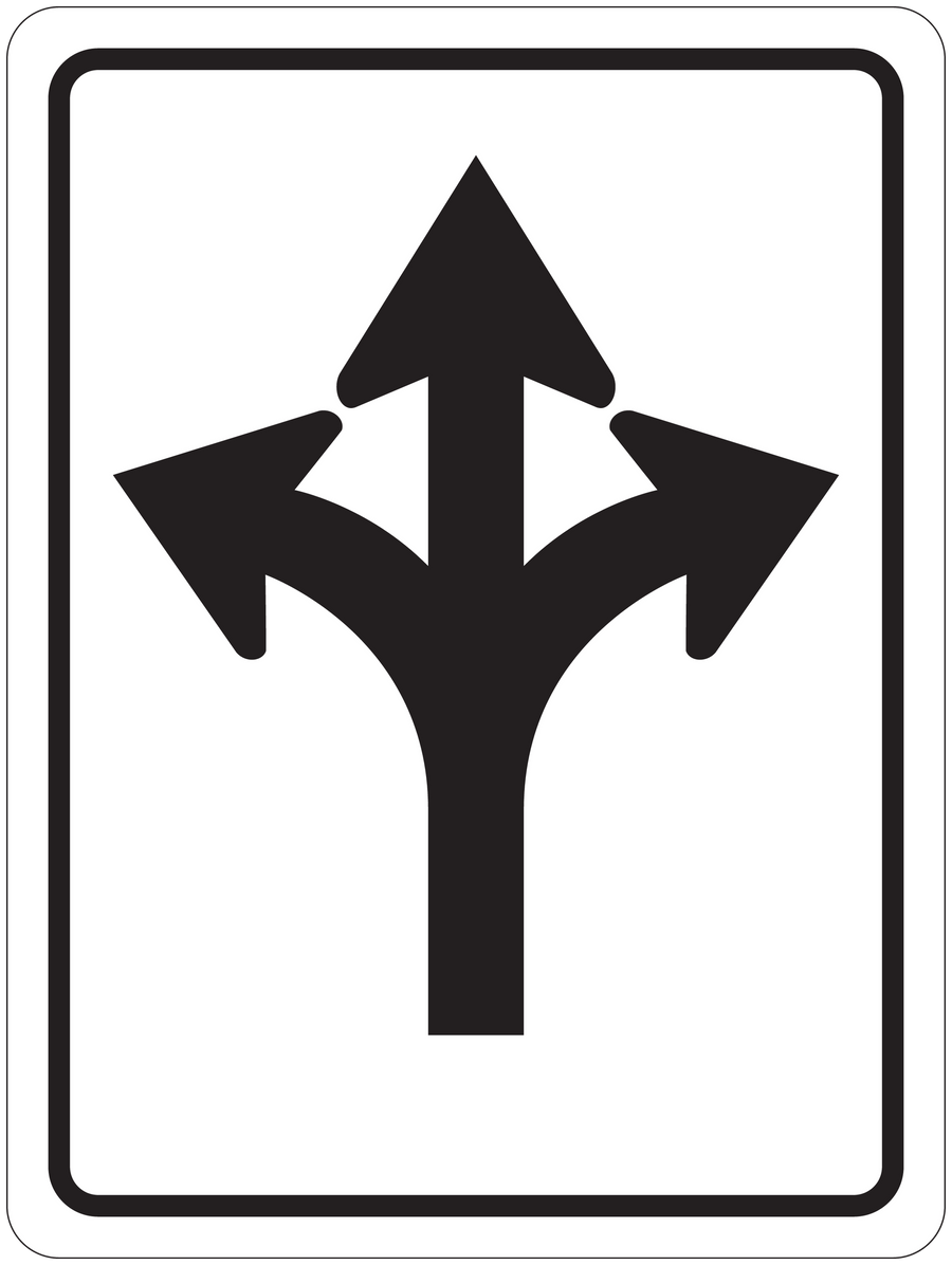Road sign sticker with three-way arrows pointing up, left, and right