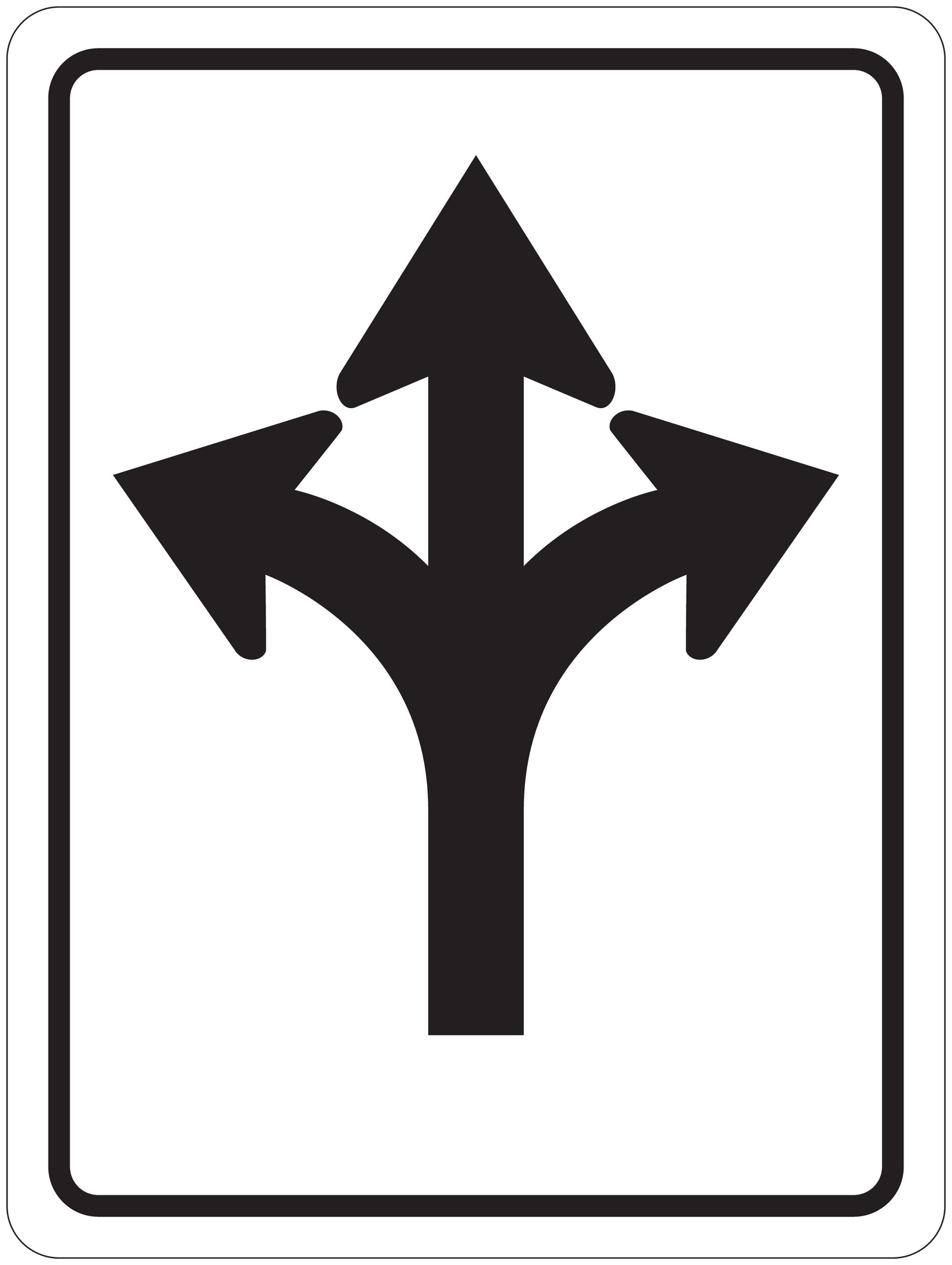 Road sign sticker with three-way arrows pointing up, left, and right