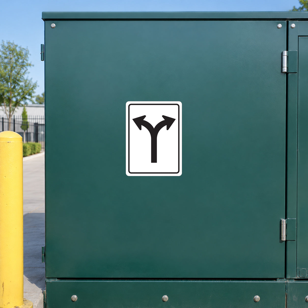 Road sign sticker: square white sign with two black turn arrows