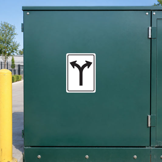 Road sign sticker: square white sign with two black turn arrows