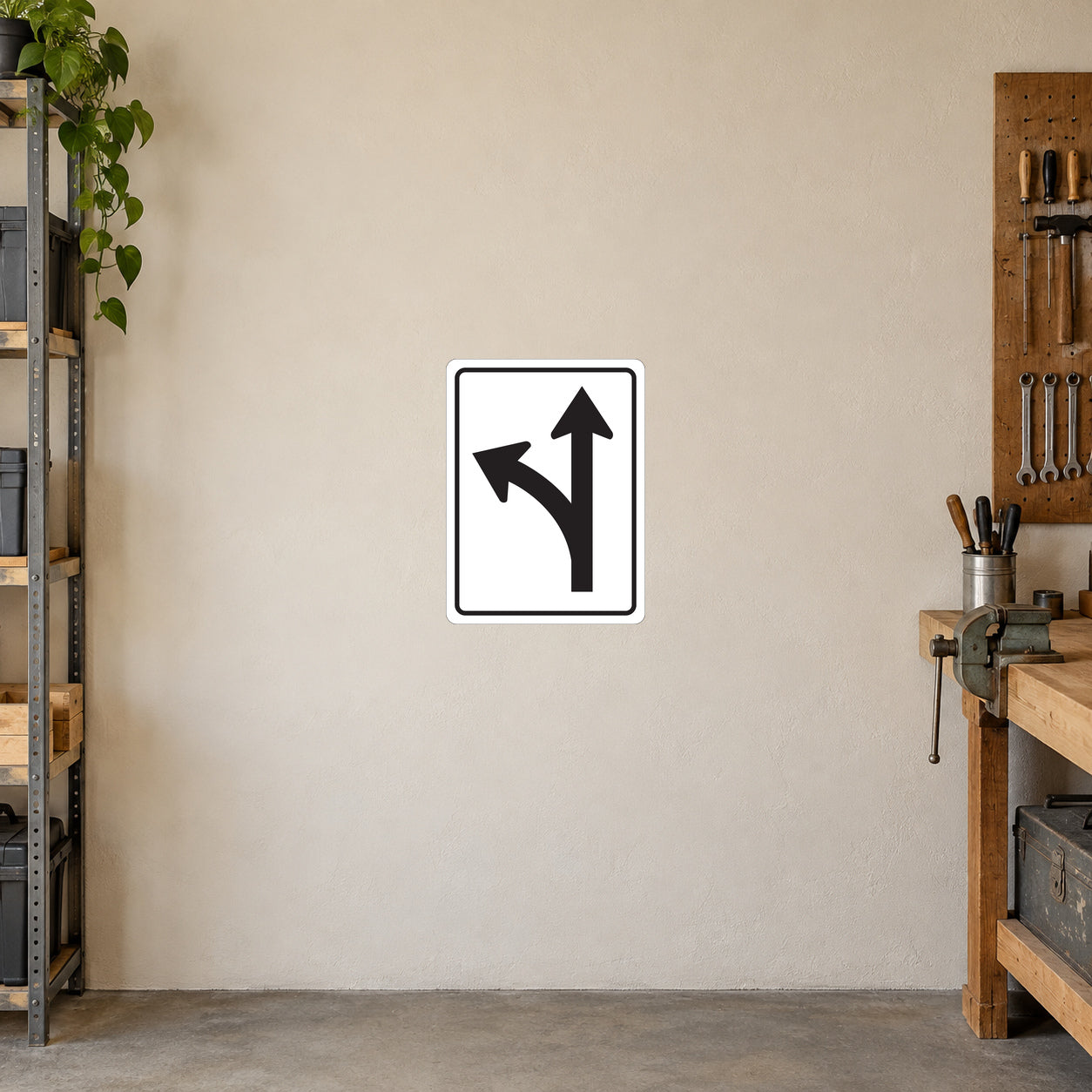 Road sign sticker with black left and upward arrows on white square with border
