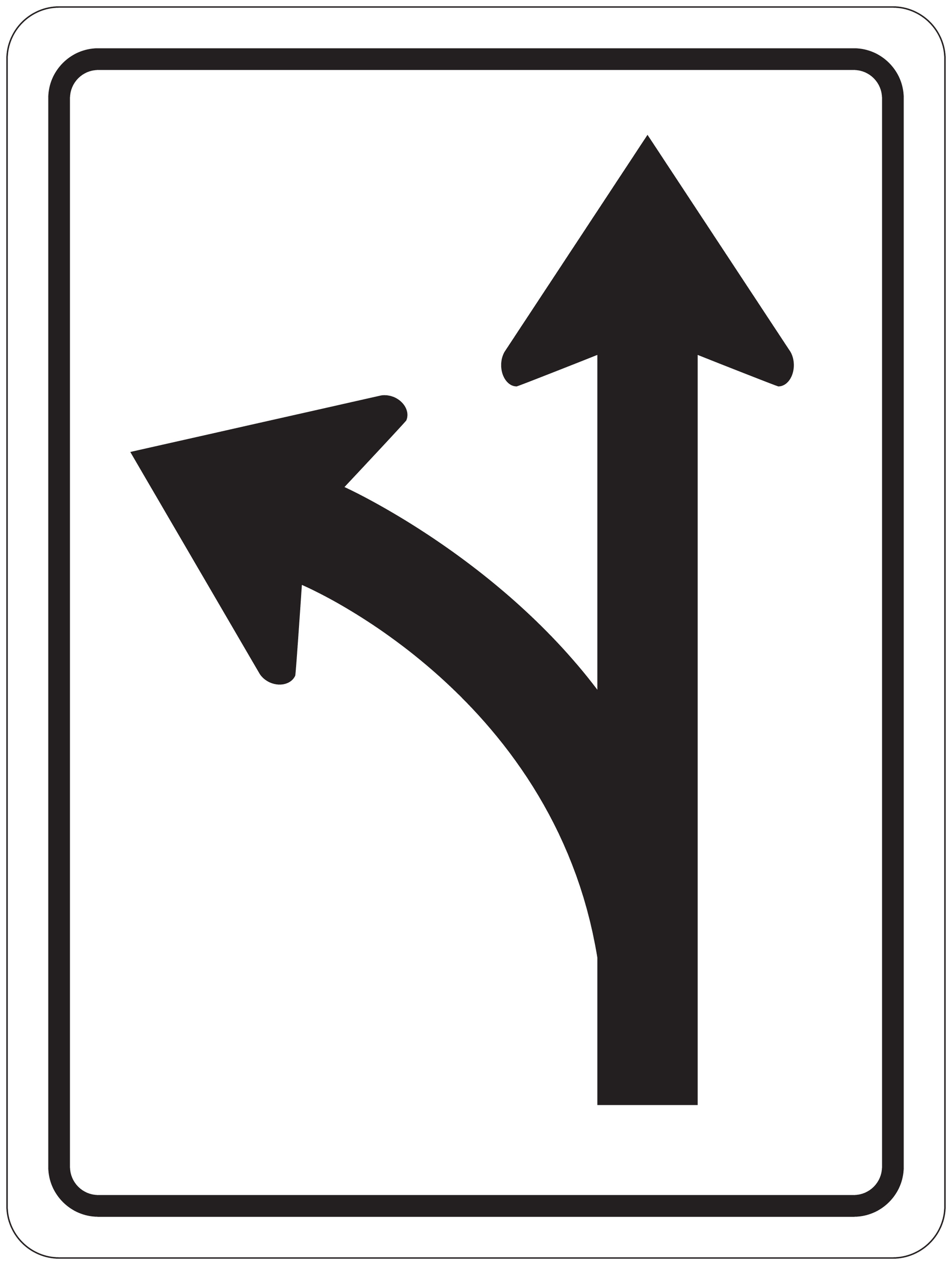 Directional road sign sticker with black up and left arrows on white background