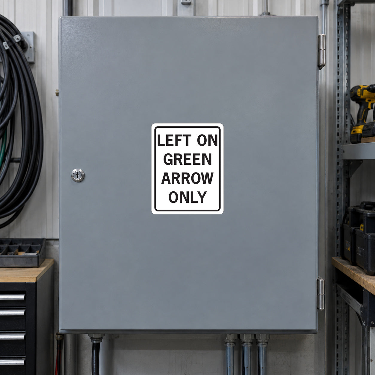 Road Sign Sticker applied in A traffic signal repair workshop, smooth medium grey single cabinet door, cable coils extreme left
