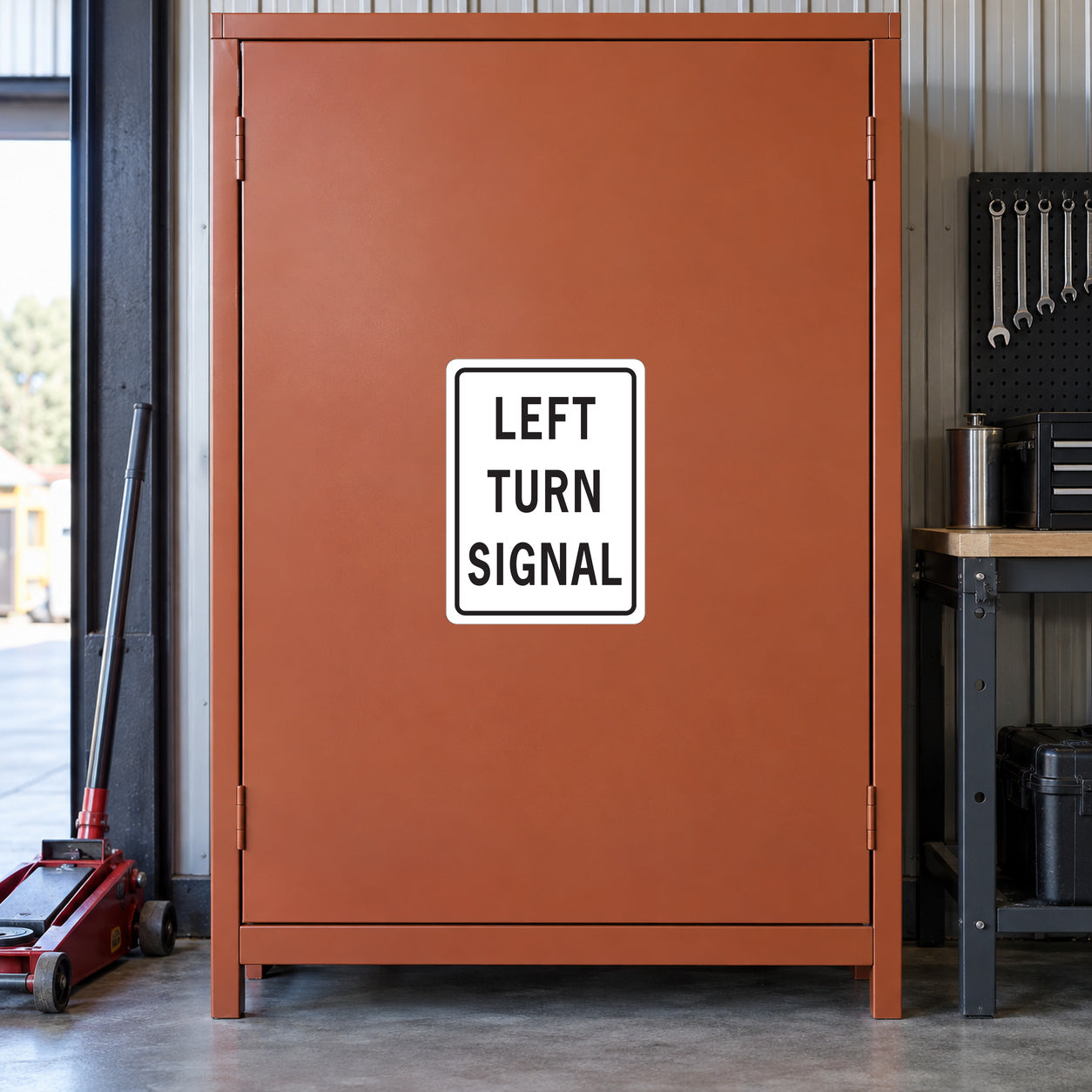 White-bordered road sign sticker reading LEFT TURN SIGNAL