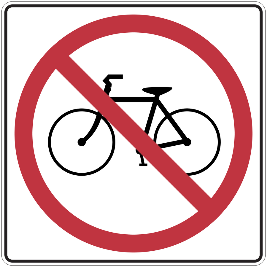 Road sign sticker showing a bicycle with a red prohibition slash symbol