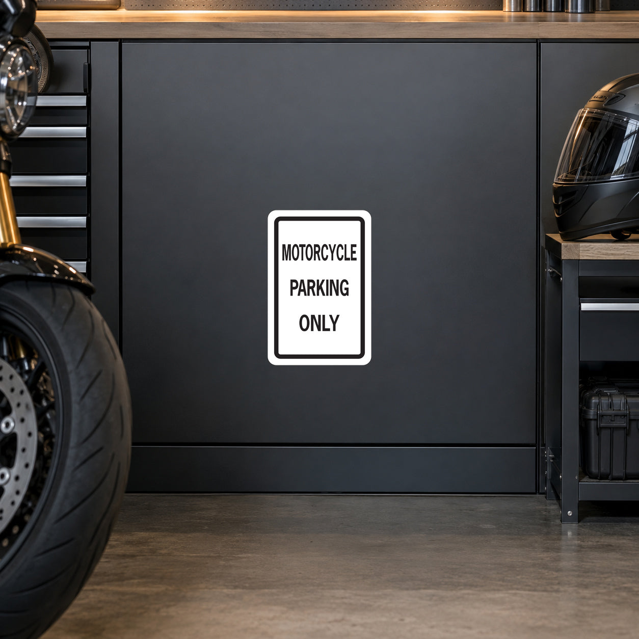 White bordered motorcycle parking only road sign sticker