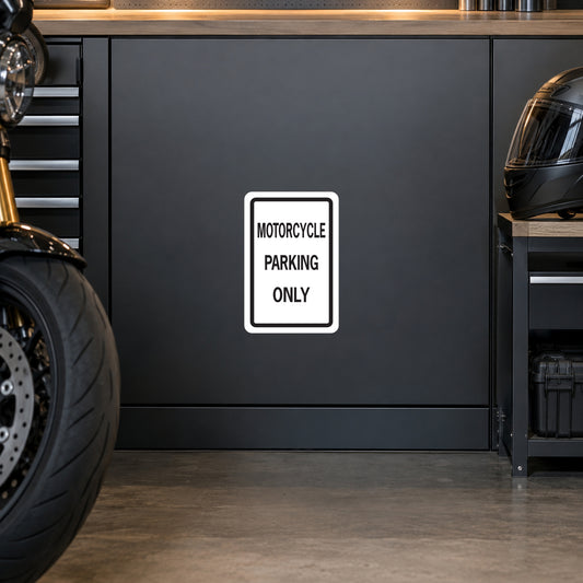 White bordered motorcycle parking only road sign sticker