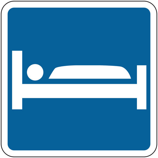 Road sign sticker: blue square with white car icon and thin white border