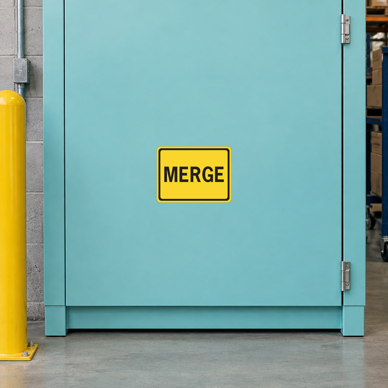Yellow MERGE road sign sticker with black text