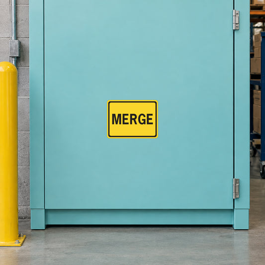 Yellow MERGE road sign sticker with black text
