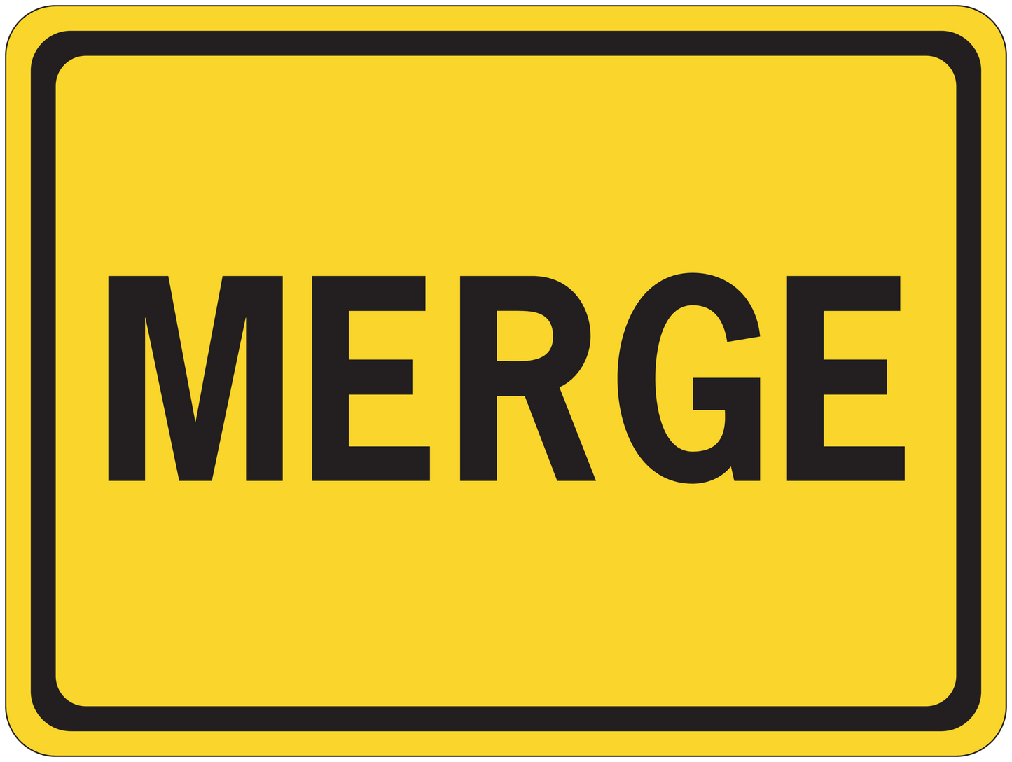 Yellow road sign sticker with black text reading “MERGE”