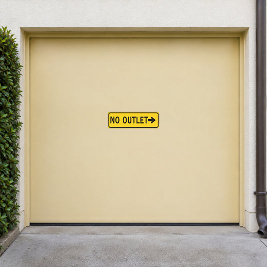 Yellow road sign sticker reading "NO OUTLET" with right arrow