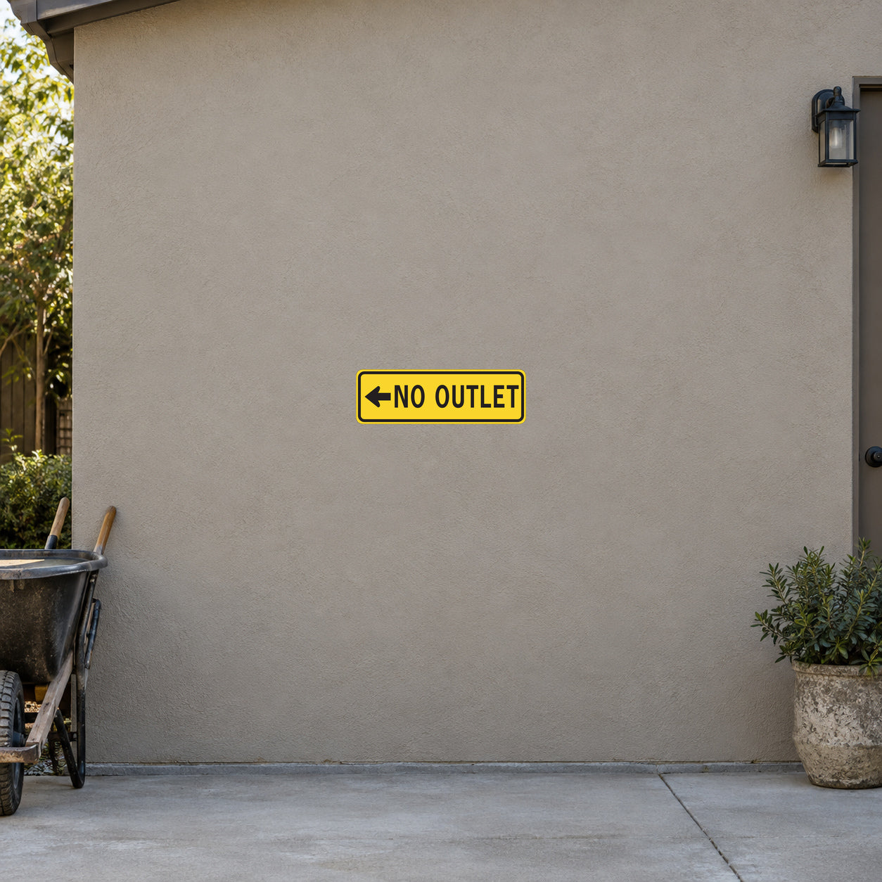 Road sign sticker with yellow 'No Outlet' arrow pointing left