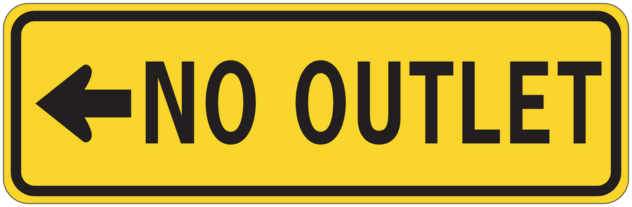 Road sign sticker with "NO OUTLET" text and left arrow on yellow sign