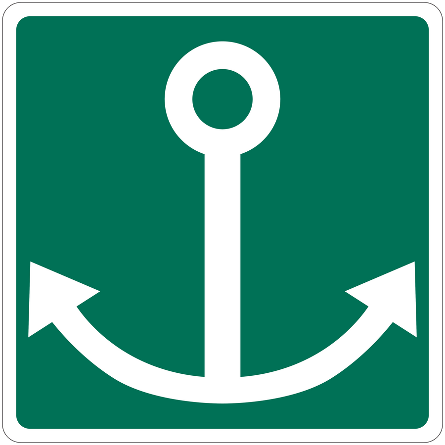 Green sticker with white anchor and arrow-like ends