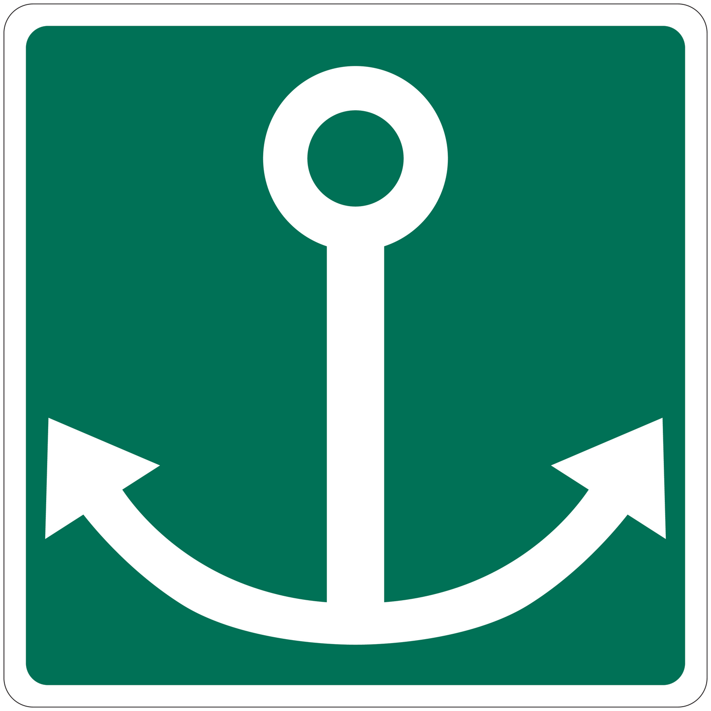 Green sticker with white anchor and arrow-like ends