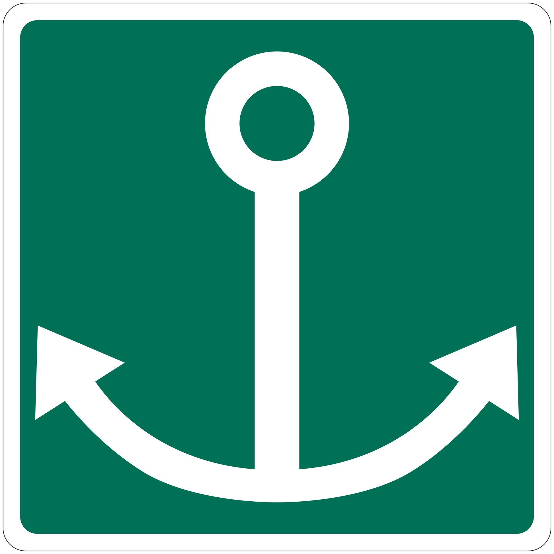 Green sticker with white anchor and arrow-like ends