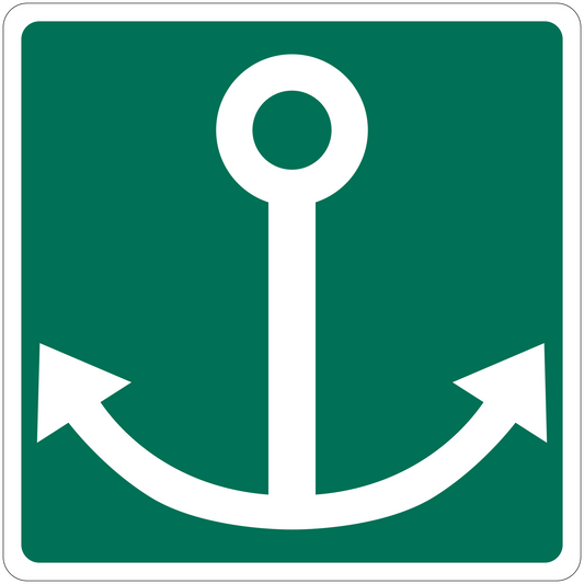 Green sticker with white anchor and arrow-like ends