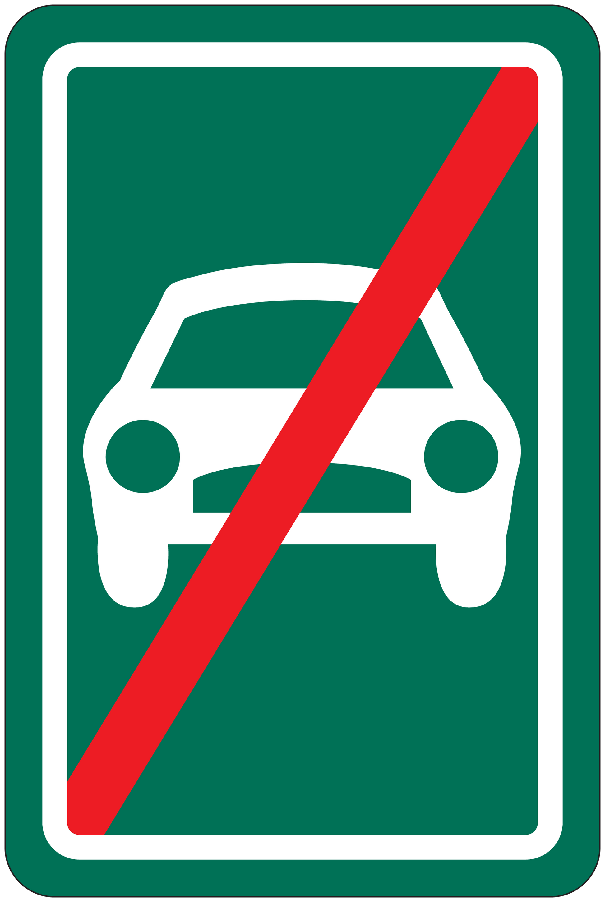 Road sign sticker with car icon and red prohibition slash on green background