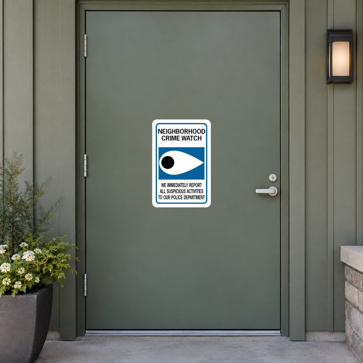 Road Sign Sticker applied in A neighborhood community hall entrance, smooth muted green metal door, handle far right and flowerpot extreme left