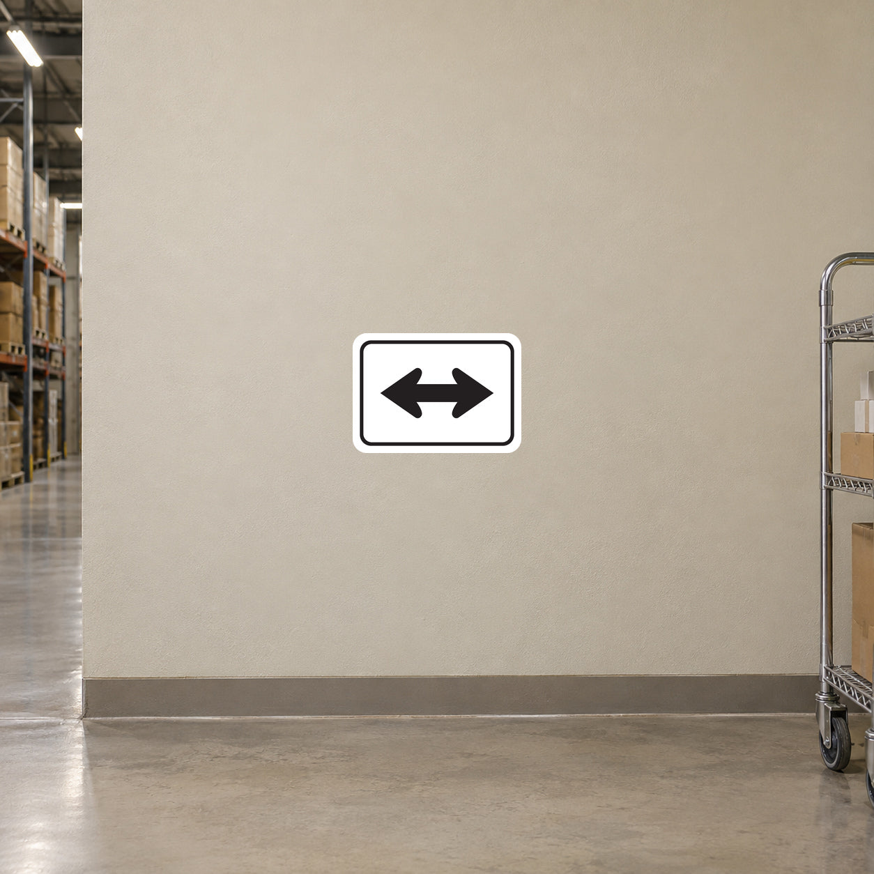 Road Sign Sticker applied in A warehouse corridor intersection, uninterrupted pale sand plaster wall, rolling supply cart extreme right