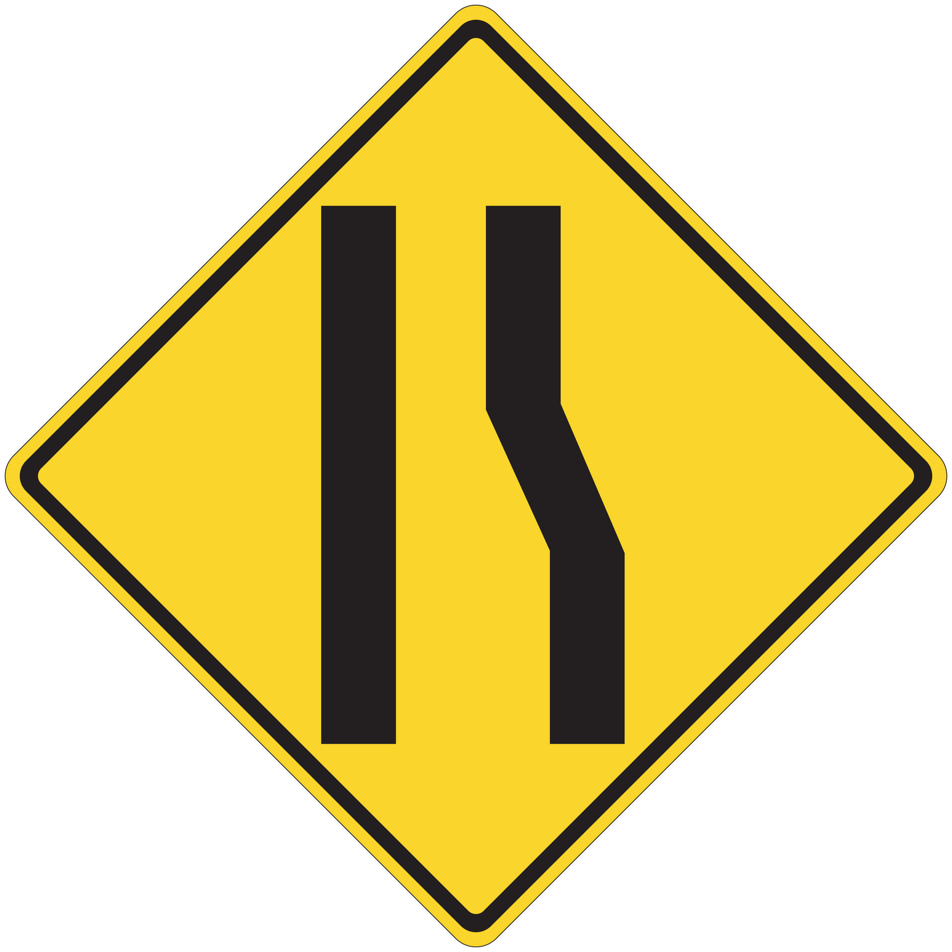 Road sign sticker with yellow diamond warning and two vertical black bars