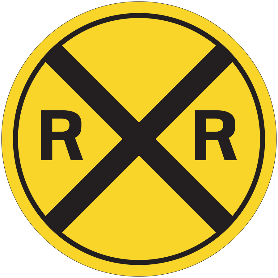 Circular road sign sticker: yellow disc, black X, and R letters