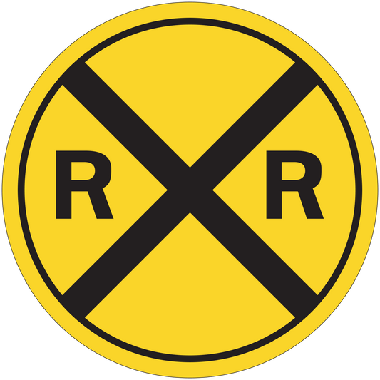 Circular road sign sticker: yellow disc, black X, and R letters