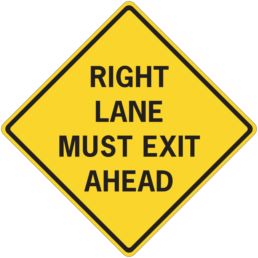 Yellow diamond road sign sticker with black border reading RIGHT LANE MUST EXIT AHEAD