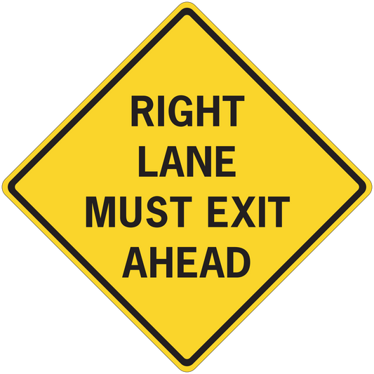 Yellow diamond road sign sticker with black border reading RIGHT LANE MUST EXIT AHEAD