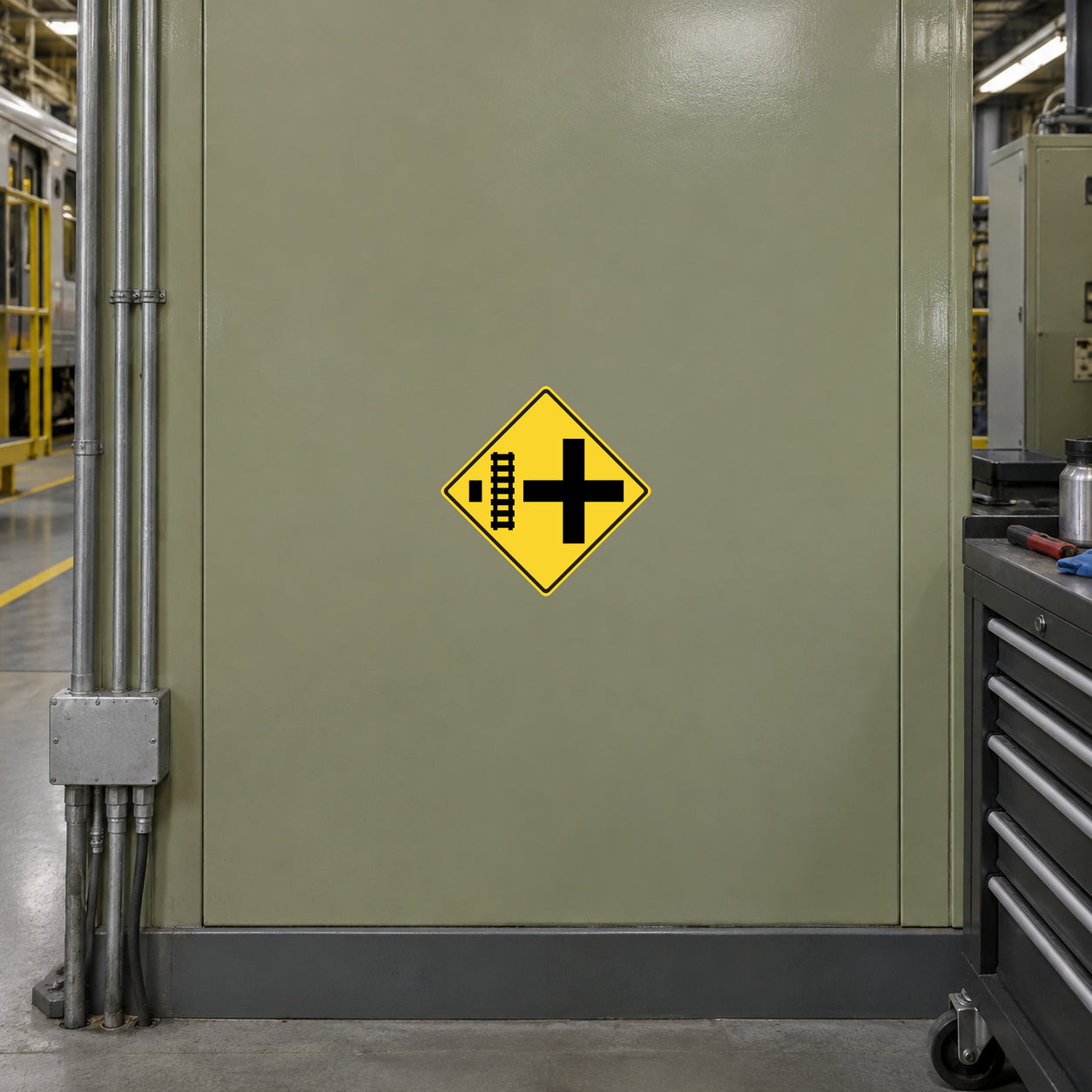 Yellow diamond road sign sticker with cross and vertical bar icon
