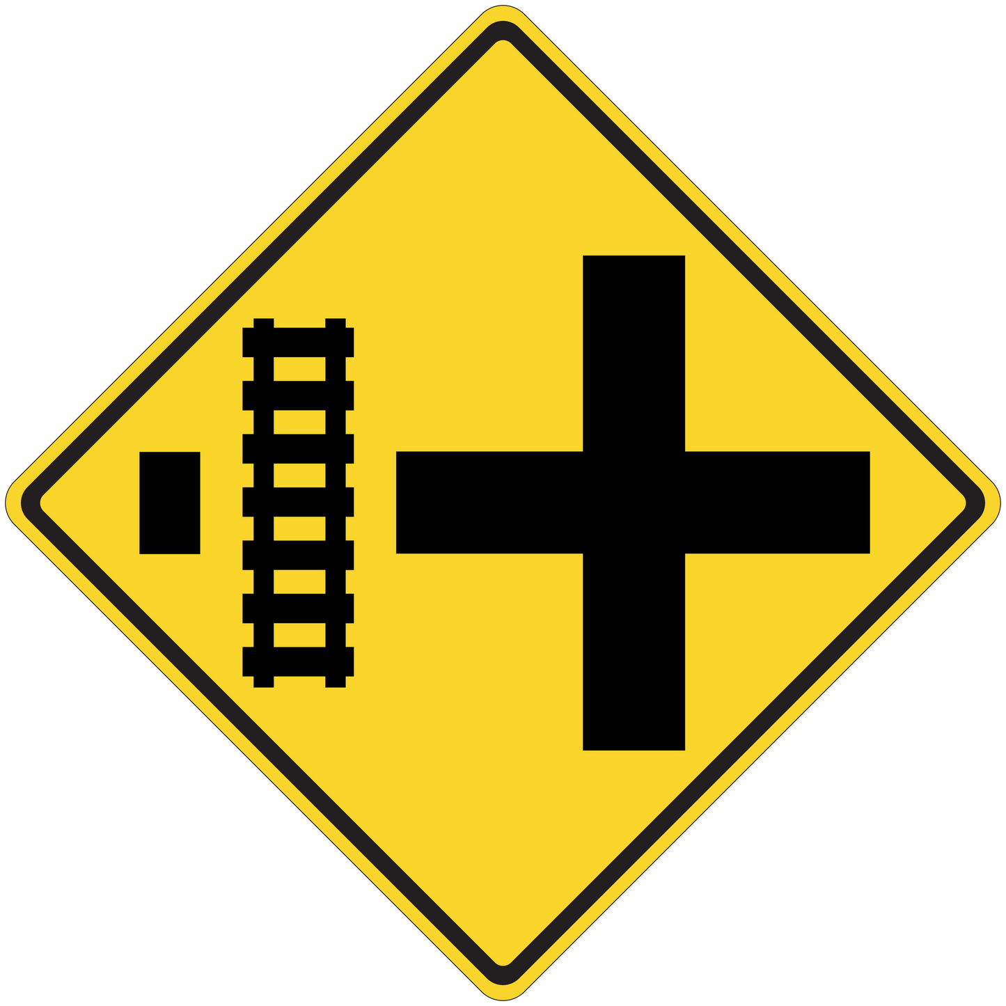Yellow road sign sticker with black cross and vertical measurement marks