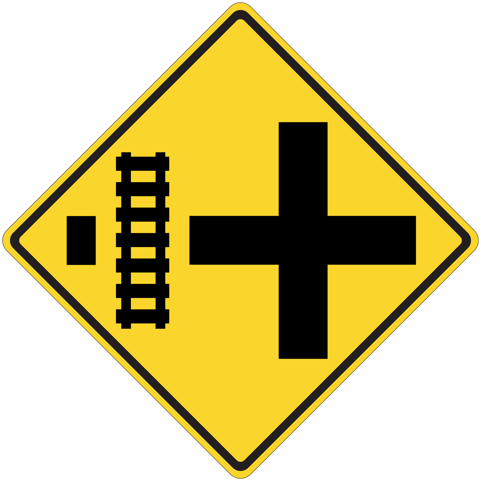 Yellow road sign sticker with black cross and vertical measurement marks