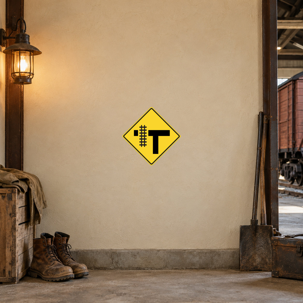 Yellow diamond road sign sticker with black T and grid details