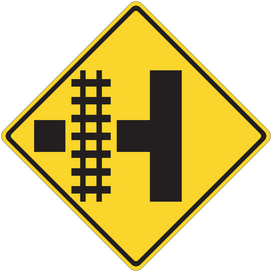 Yellow diamond road sign sticker with black railroad crossing symbol