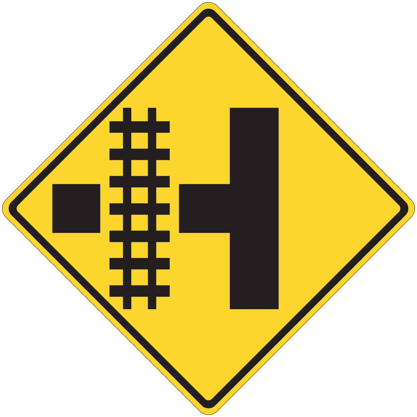 Yellow diamond road sign sticker with black railroad crossing symbol