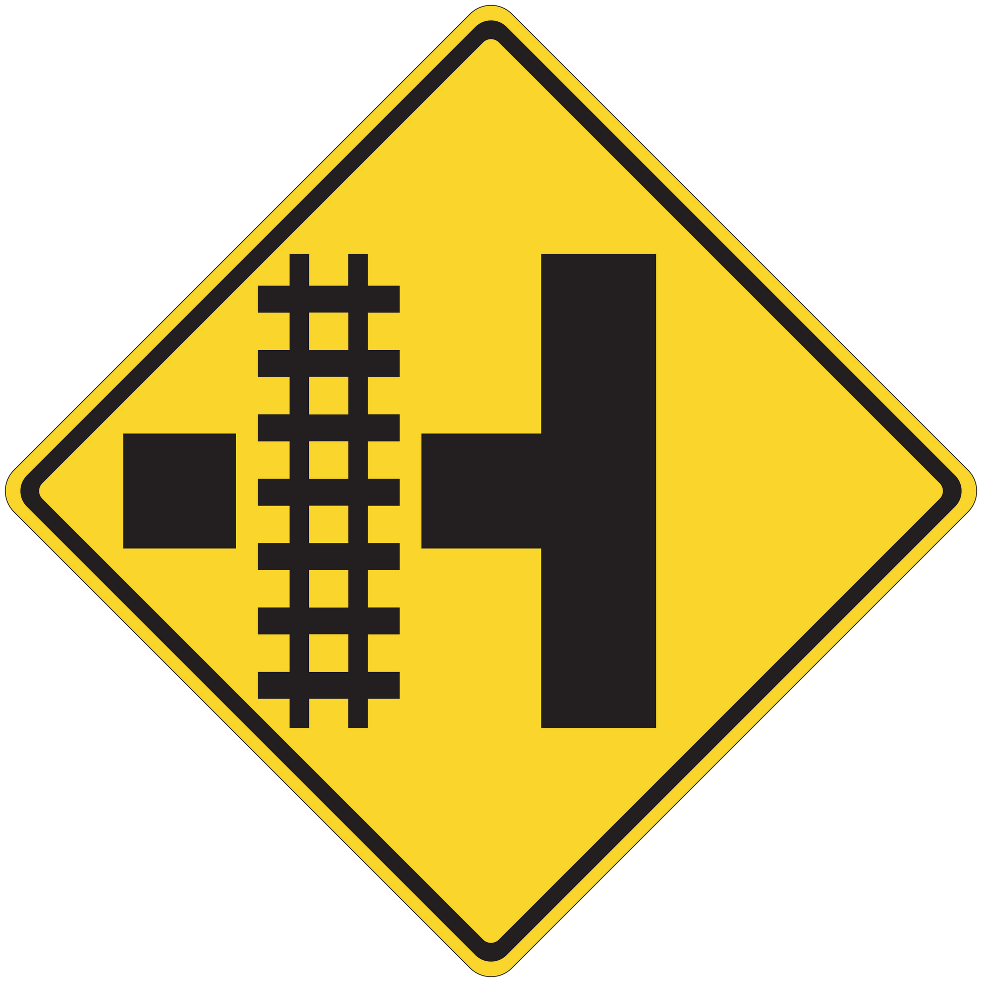 Yellow diamond road sign sticker with black railroad crossing symbol