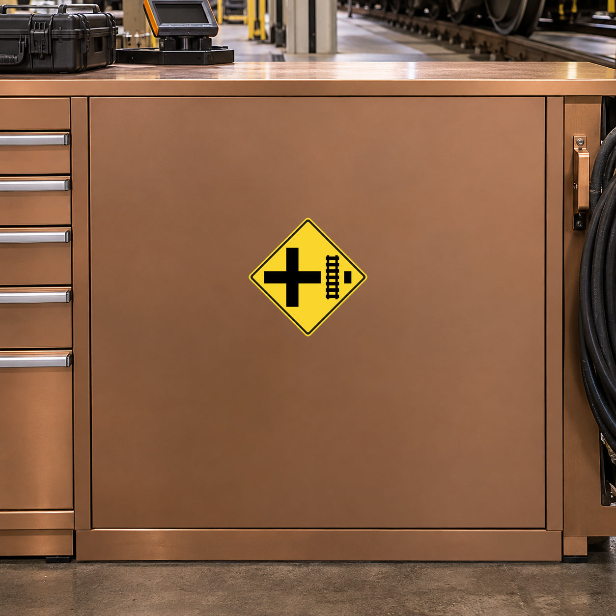 Yellow diamond road sign sticker with a black hazard symbol