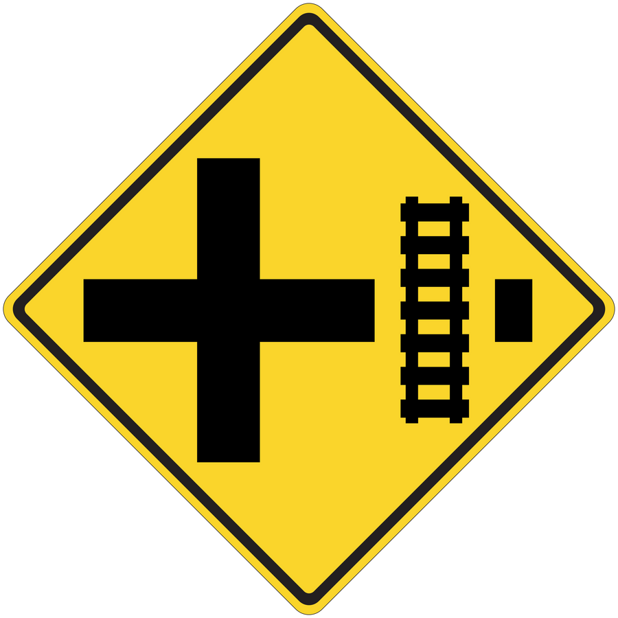 Road sign sticker: yellow diamond with black cross and speed bump style symbol