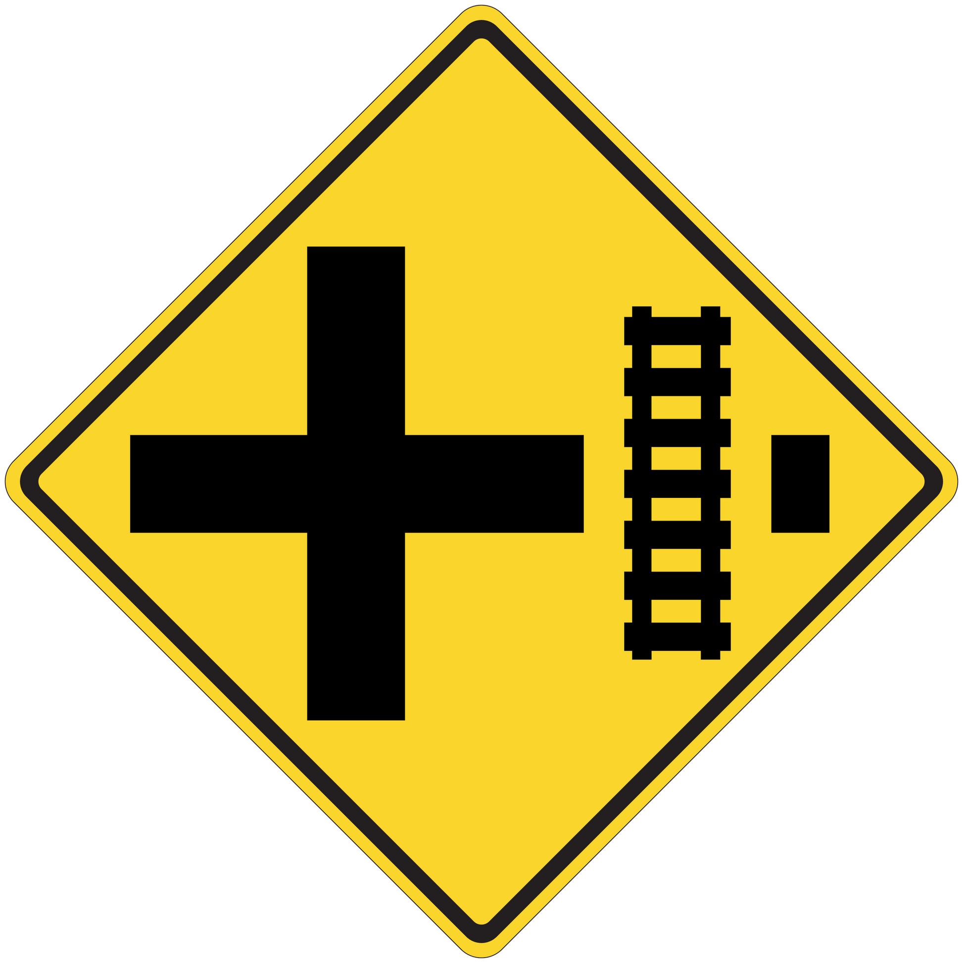 Road sign sticker: yellow diamond with black cross and speed bump style symbol