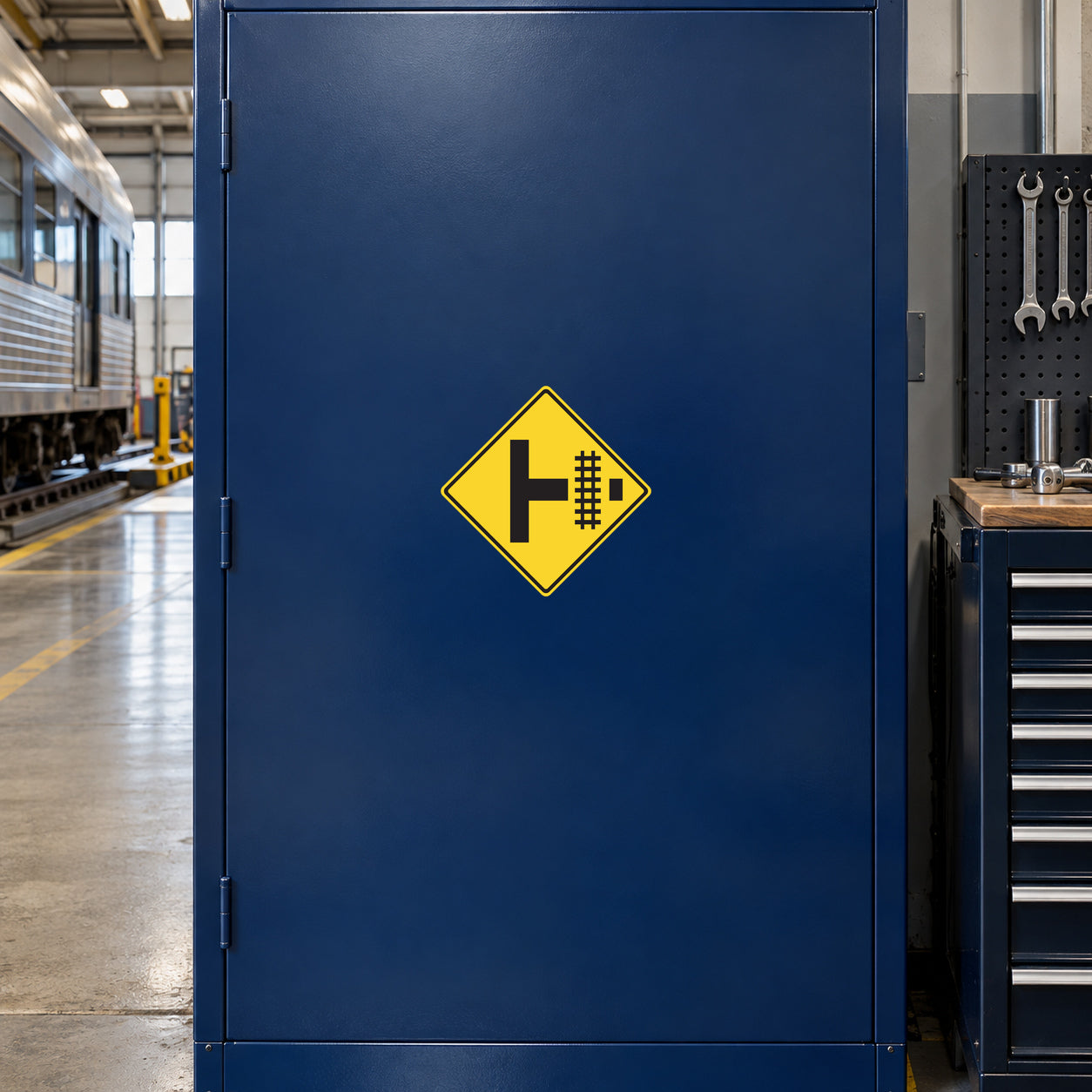 Road sign sticker with yellow diamond hazard symbol and black icon