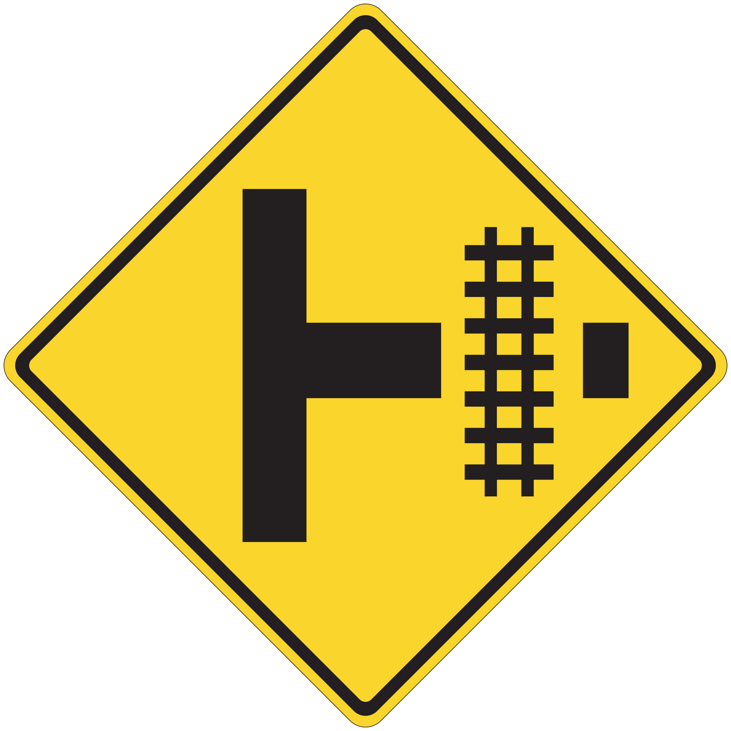 Yellow diamond road sign sticker with black arrow cross and rail track bars