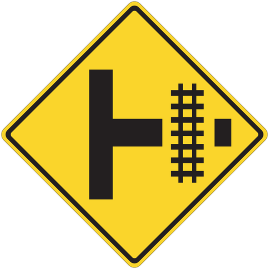 Yellow diamond road sign sticker with black arrow cross and rail track bars