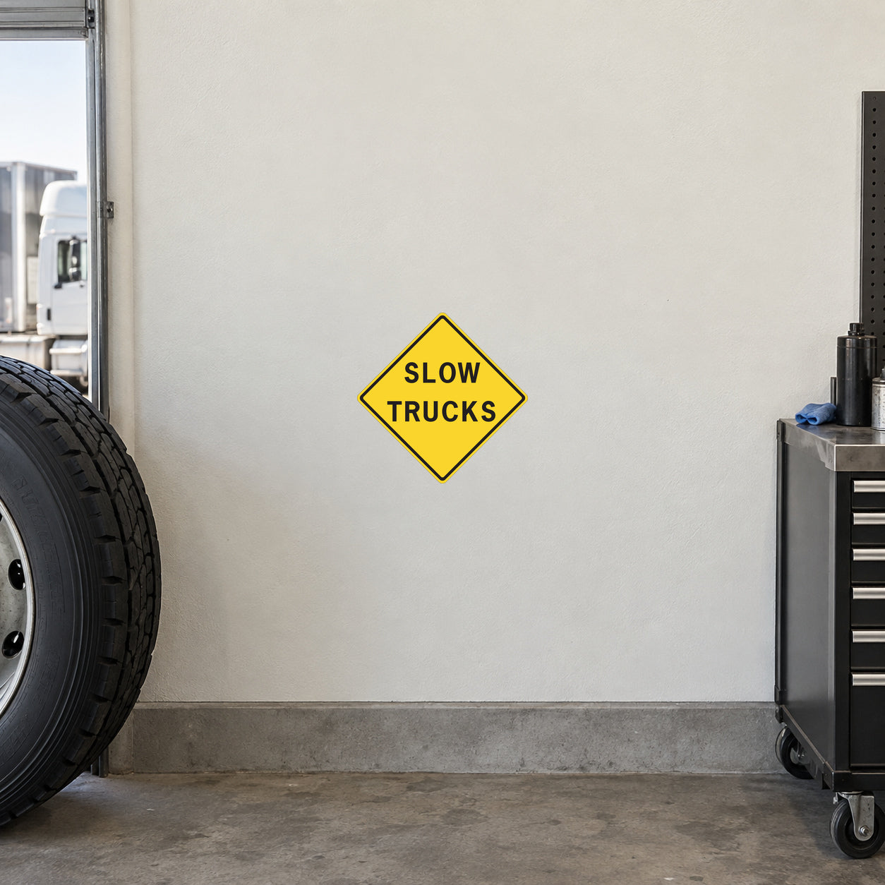 Road sign sticker with yellow diamond “SLOW TRUCKS” warning text
