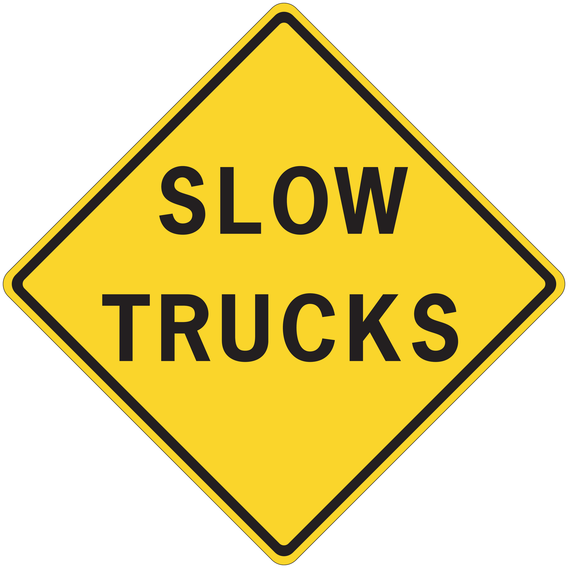 Yellow road sign sticker with black "SLOW TRUCKS" text, diamond shape
